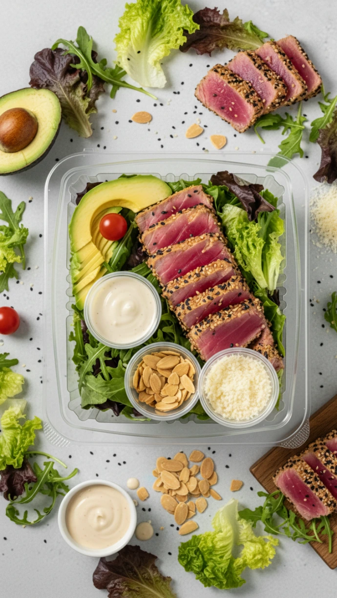 Ensalada base lechuga con lomos de atun, palta, tomates cherry y salsa especial. 