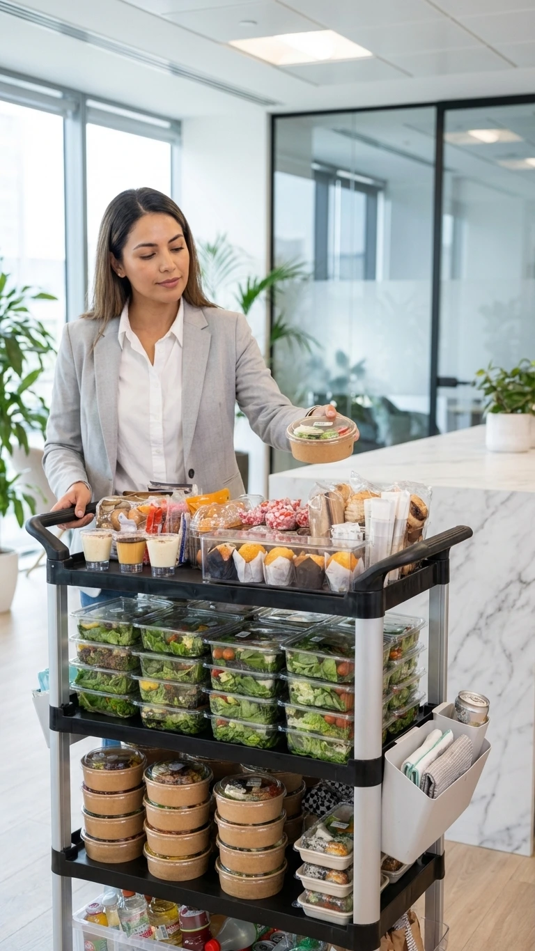 Colaboradora atendiendo carrito móvil de The Greens vendiendo comida fresca en edificios de oficinas de Santiago al mediodía