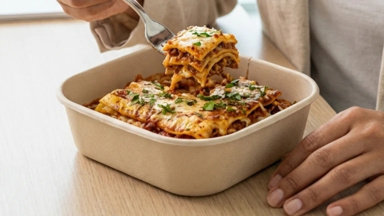 Persona disfrutando de lasaña casera con salsa cremosa y queso gratinado en envase para llevar de The Greens, opción deliciosa para almuerzo de oficina.