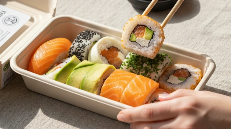 Selección de rollos de sushi con salmón, aguacate, palta y algas en envase ecológico de The Greens, opción ligera y saludable para almuerzo diario.