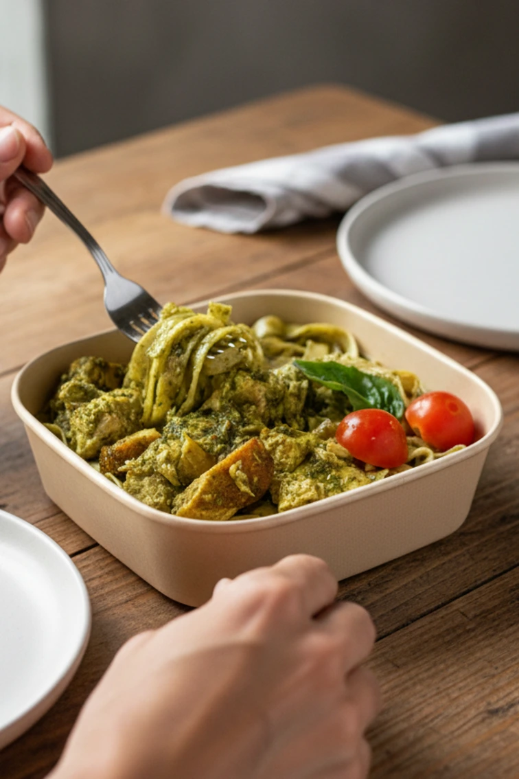 Mujer disfrutando de pasta con salsa pesto, brócoli, tomates cherry y vegetales frescos en envase para llevar de The Greens, comida equilibrada y sabrosa.