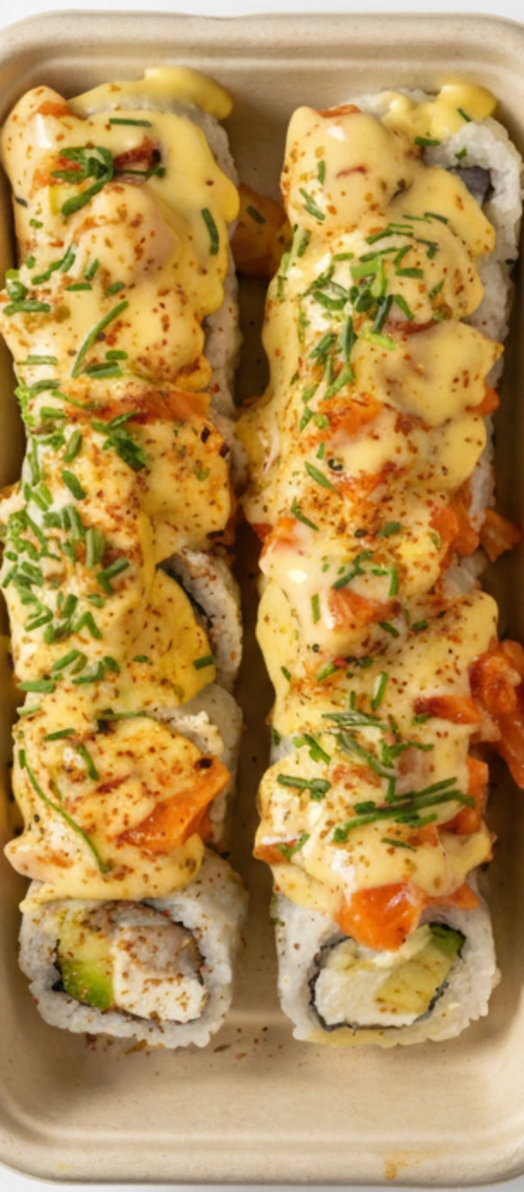 Rollos de sushi variados con salmón, aguacate y vegetales frescos en envase ecológico de The Greens, comida saludable para llevar en Santiago.