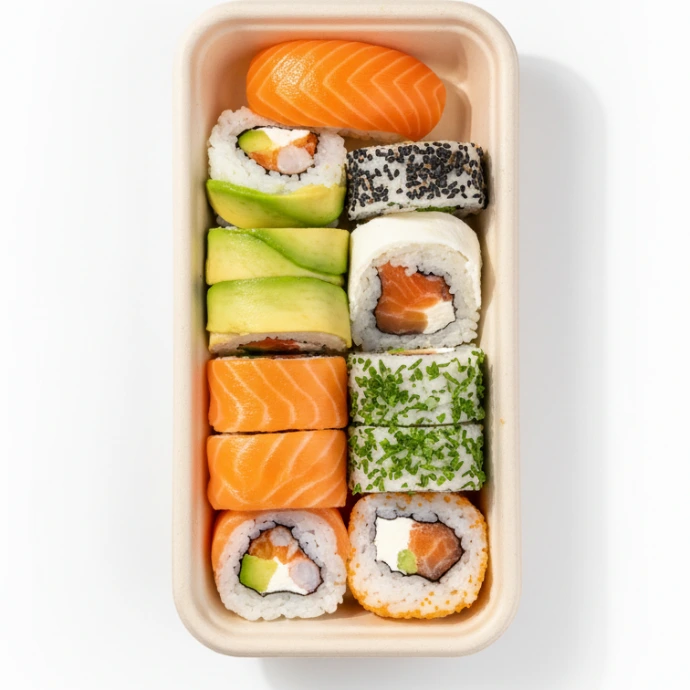 Box variado con salmón, arroz y vegetales frescos preparado por The Greens