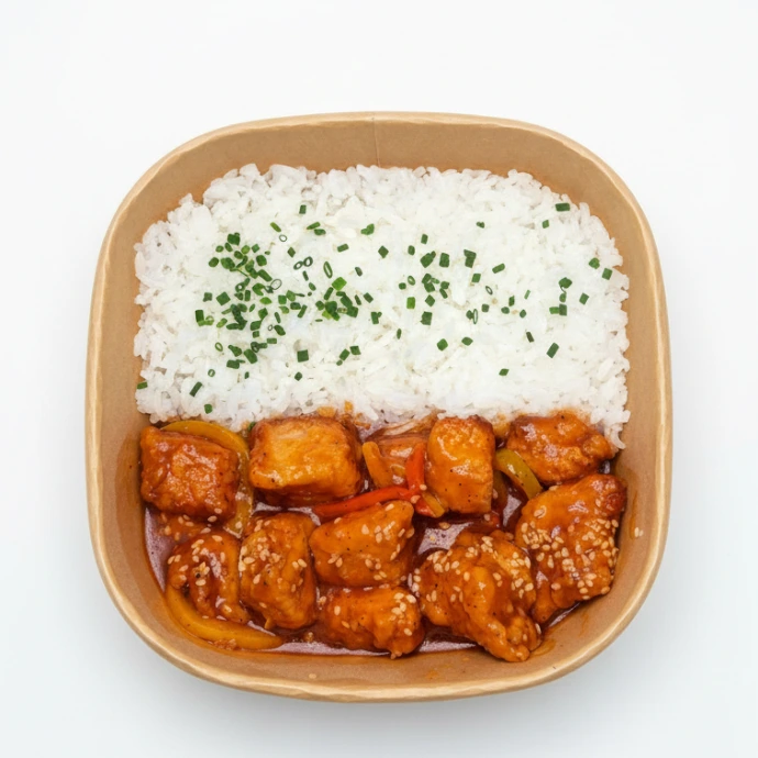 Bowl de pollo frito coreano con arroz. Contenedor de cartón listo para llevar