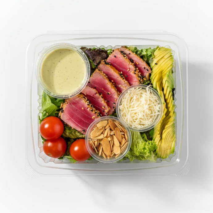 Ensalada base lechuga con lomos de atun, palta, tomates cherry y salsa especial. 