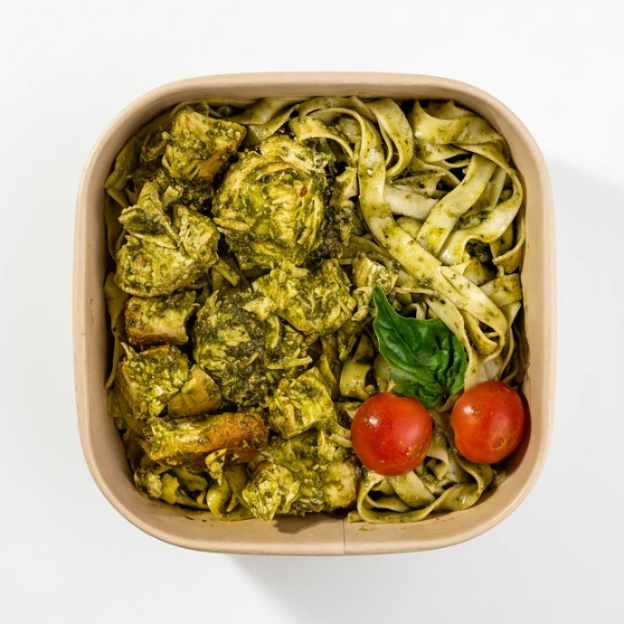 Bowl de fettuccini pesto curry con pollo y tomates cherry. Contenedor de cartón listo para llevar