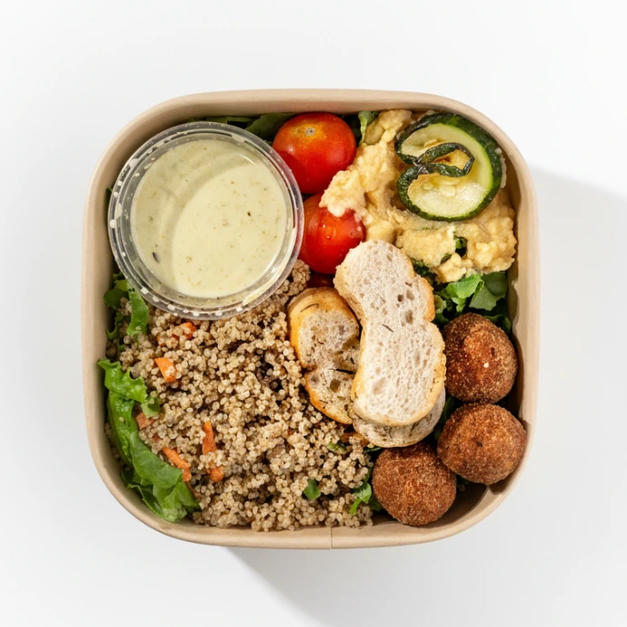 Bowl de ensalada falafel vegana. Lechuga, falafel, salsa especial vegana, quinoa, hummus, zapallos italiano. Contenedor de cartón listo para llevar