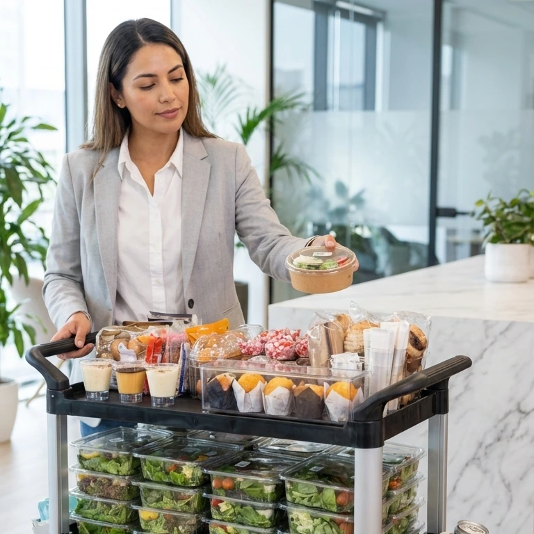colaboradora eligiendo platos para almorzar desde el carrito the greens