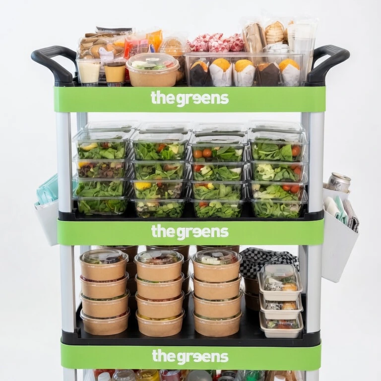 carrito movil de the greens con platos en cada bandeja
