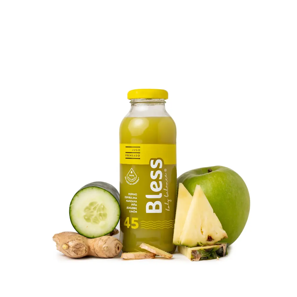 Jugo Bless 45 Pepino, Espirulina, Manzana, Piña, Jengibre y Limón